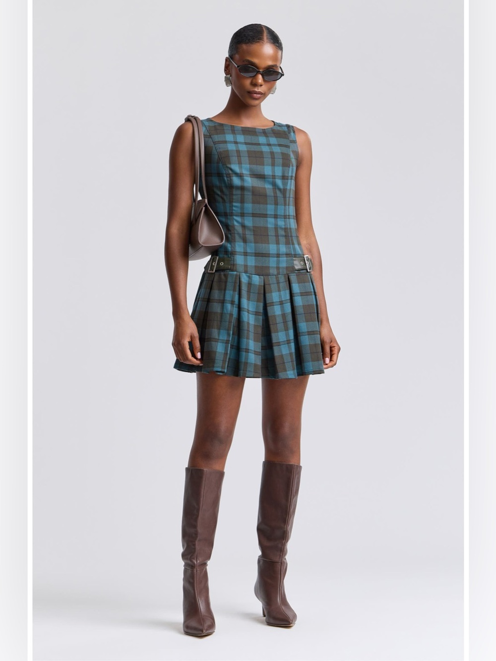 NWT AVEC LES FILLES Plaid Pleated Stretch Minidress